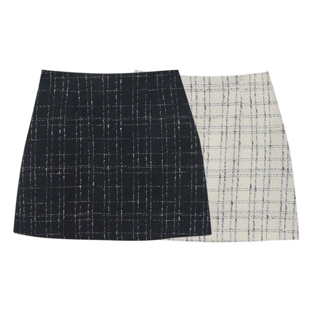 Lot of 2 Womens Tweed Plaid Mini Skirts Black and Cream A-Line High Wasted.